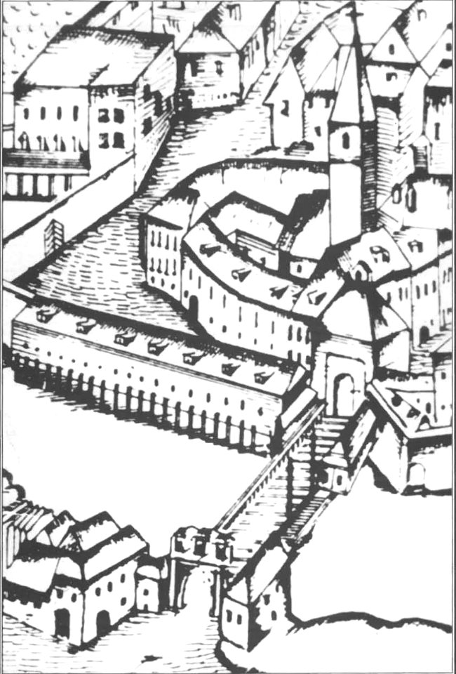 Špitalski kompleks z mesnicami in Špitalskim mostom 1660