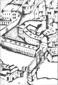 Špitalski kompleks z mesnicami in Špitalskim mostom 1660