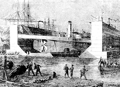 Броненосец в железном плавучем доке завода Карра и Макферсона. 1864 год. Гравюра с рисунка А. К. Беггрова