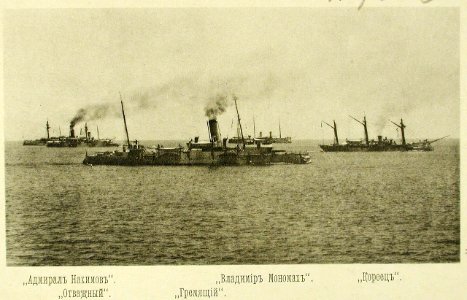 Слева направо - Адмирал Нахимов, Отважный, Гремящий, Владимир Мономах, Кореец во время учений photo