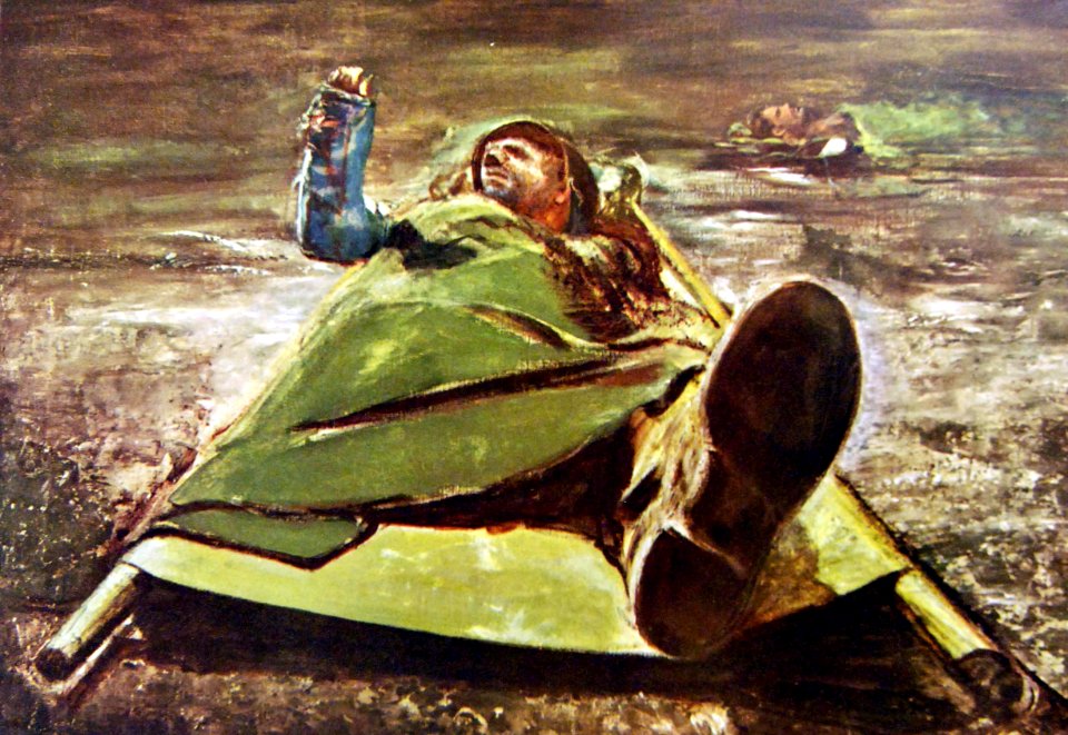 “Just off the Line”, soldier on a strecher, artwork by Robert Benny (40012593022)