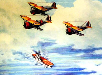 “Over the Nest, Grumman F3F-2 fighters over aircraft carrier, artwork by Charles H. Hubbell. (39334684614)
