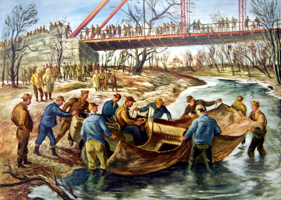 “The Hard Way” artwork by Fred Shane showing Jeep on tarp at water's edge (39146737265)