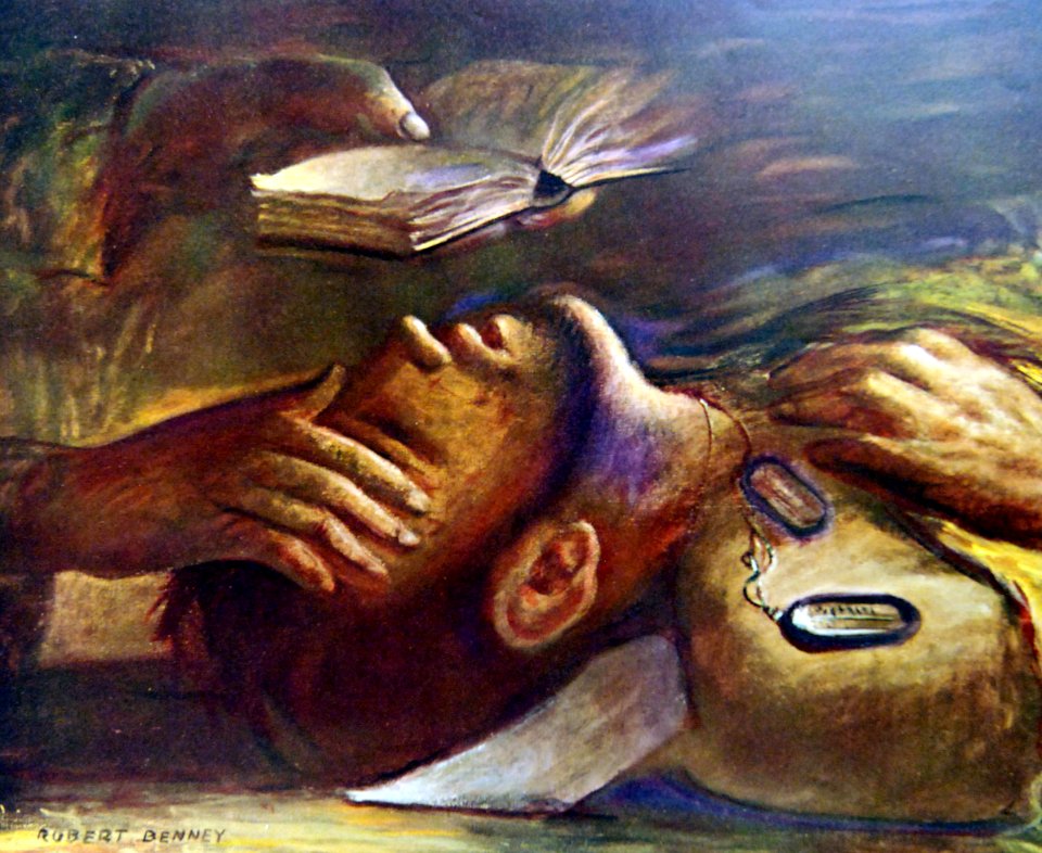 “Men with God, artwork by Robert Benny showing soldier being given last rites (39334590474)