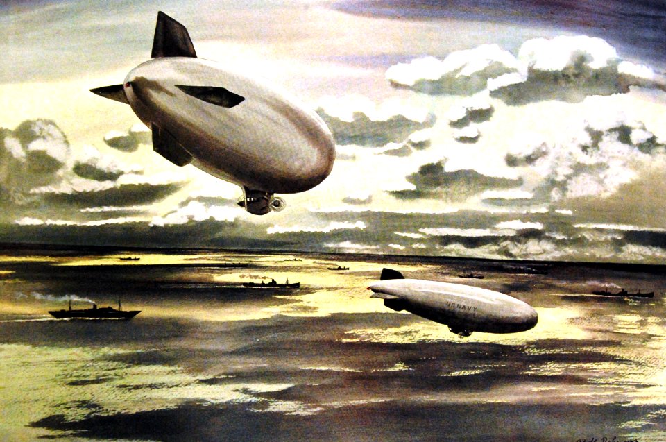 “The Convoy Brook” artwork by Adolf Dehn, showing U.S. Navy blimps and a ship convoy (19579256022)