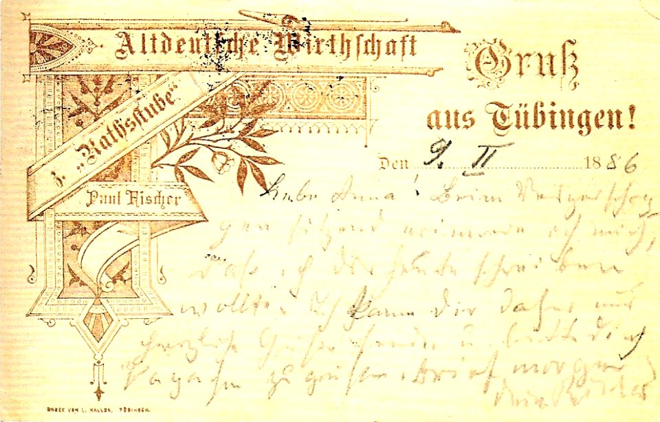 „Gruss aus Tübingen!“ Altdeutsche Wirtschaft z. „Rathsstube“ Paul Fischer (PK 1886 TPk033a)