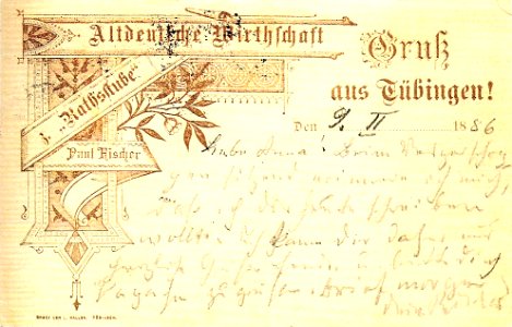„Gruss aus Tübingen!“ Altdeutsche Wirtschaft z. „Rathsstube“ Paul Fischer (PK 1886 TPk033a)