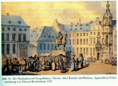 Thomas Rowlandson (1756-1827), Der Marktplatz mit Grupellohaus, Theater, Alter Kanzlei und Rathaus