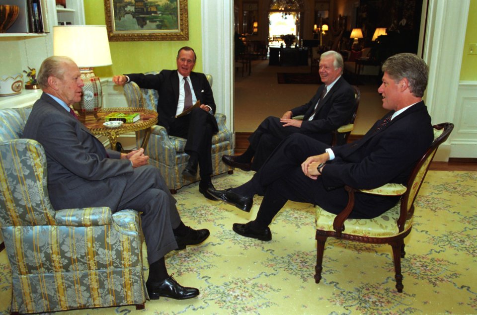 Three former presidents join President Bill Clinton in the White House for a NAFTA Breakfast Meeting