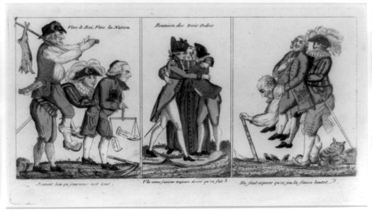Three panel cartoon representing the change in condition of French peasants, union of the Three Orders (clergy, aristocracy, and people), and miserable plight of peasants LCCN91480945