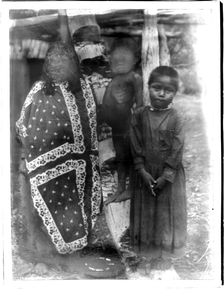 Three Havasupai Indians, the woman Pana-ma-hi-ta, her son, and Waluthama's daughter, in front of a Hawa or dwelling, ca.1899 (CHS-3783)