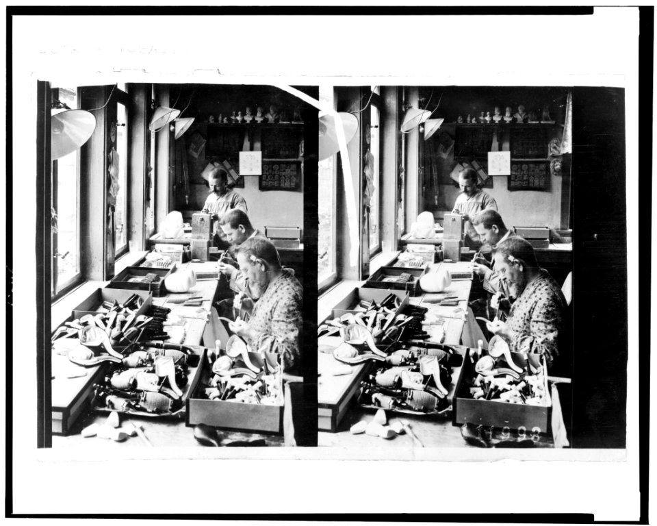 Three men in workshop making tobacco pipes LCCN93502634