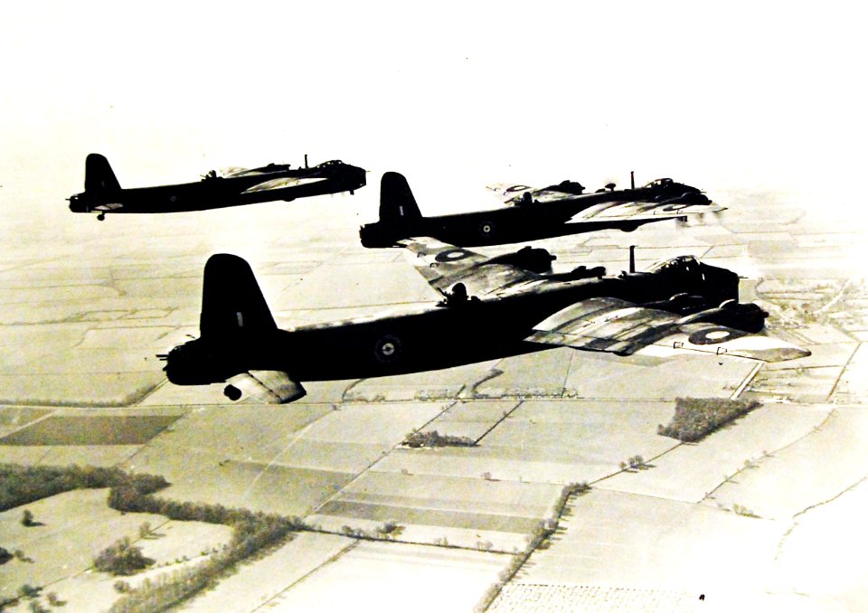 Three Short Stirling bombers taking off over Great Britain, 1942-43 (27846330316)