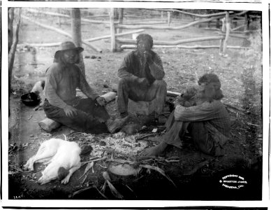 Three Havasupai Indian man sitting around a campfire telling stories, ca.1899 (CHS-3812)