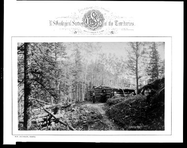 Three men standing in front of log cabin at camp for U.S. Geological Survey team, Rocky Mountains) - W.H. Jackson photo LCCN95514241