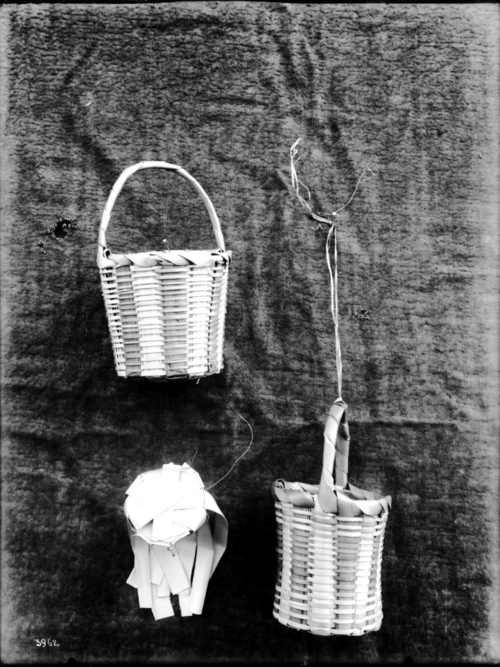 Three unidentified Indian baskets on display, ca.1900 (CHS-3962)