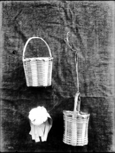 Three unidentified Indian baskets on display, ca.1900 (CHS-3962)