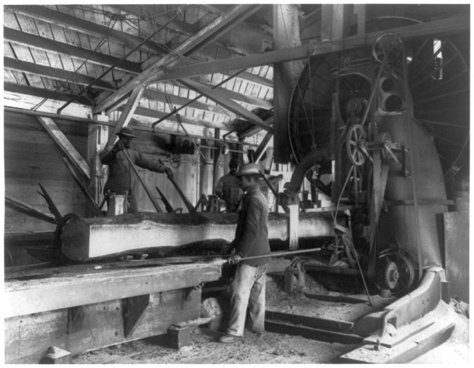 Three young black men working in lumber mill at Hampton Institute, Hampton, Va. LCCN2001703889