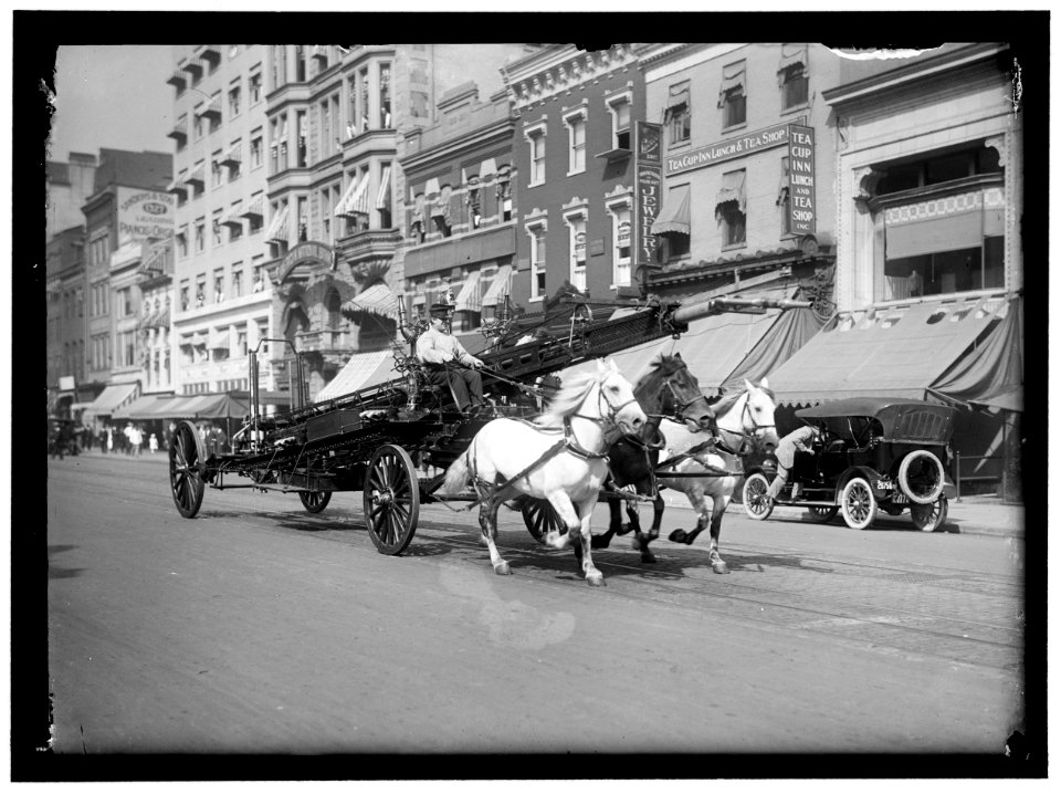 Three-horse team fire truck with water tower passing the 1300 block of F Street, N.W., Washington, D.C., with the Harris & Ewing studio in center above the driver's head, and the Sanders & LOC hec.04783