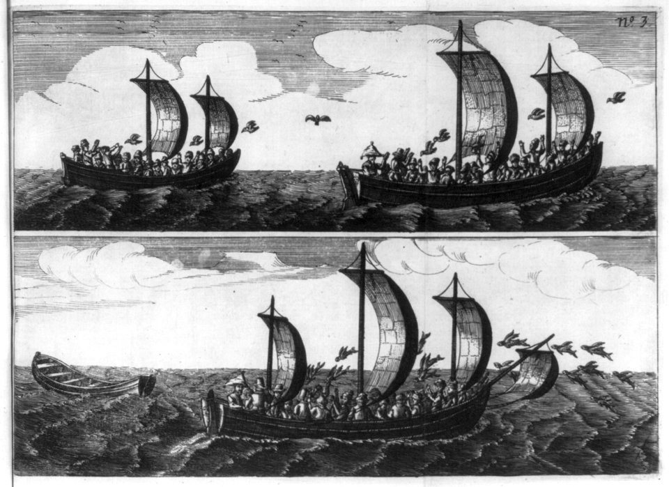 Three ships sailing with birds or flying fish in the background LCCN2003654826