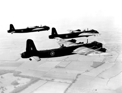 Three Stirling bombers taking off. Great Britain mod