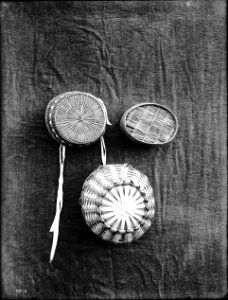 Three unidentified Indian baskets on display, ca.1900 (CHS-3978)
