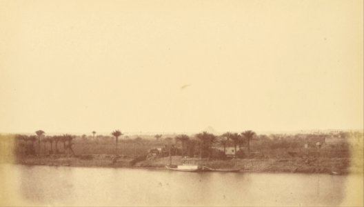 Théodule Devéria (French - (Banks of the Nile with Palm Trees and Boat) - Google Art Project