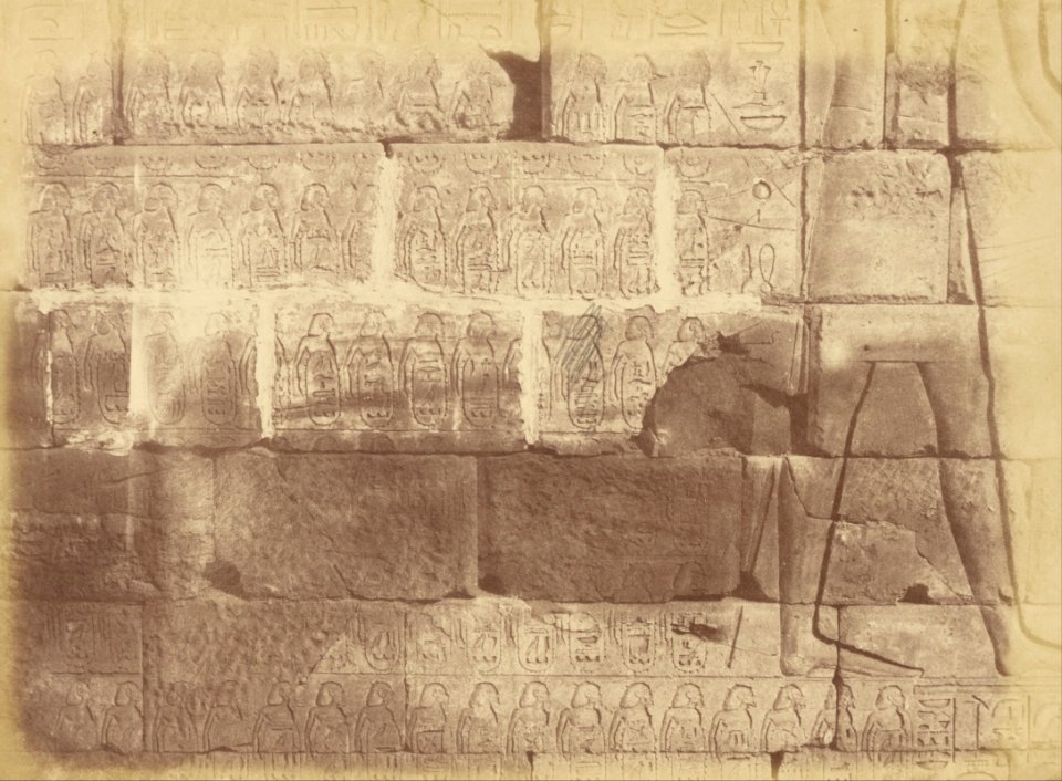 Théodule Devéria (French - (Close-up View of Hieroglyphic Inscriptions and Sculptures (List of the Defeated Nations), Karnak) - Google Art Project (6800731)