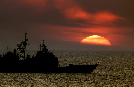 Ticonderoga Class Cruiser USS Normandy (CG 60) -- Atlantic sunset