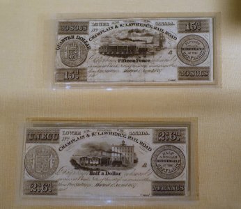 Tickets for the Champlain and St. Lawrence Railroad, denominated in multiple currencies, Montreal, 1857, ink on paper - Château Ramezay - Montreal, Canada - DSC07570 photo