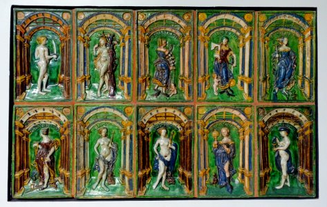 Tiles from an early Renaissance stove, Nuremberg, c. 1520-1530, ceramic, polychrome glaze - Germanisches Nationalmuseum - Nuremberg, Germany - DSC03727 photo