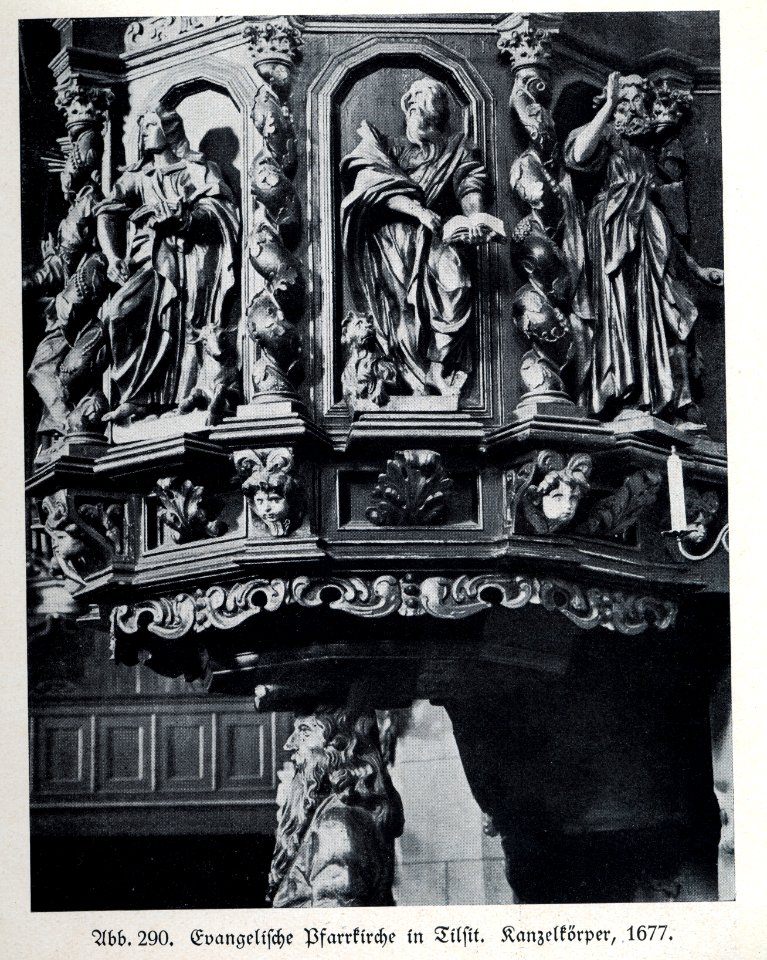 Tilsit, Evangelische Pfarrkirche, Kanzelkörper, 1677, Bildhauer Joh. Pfeffer (zugeschrieben)