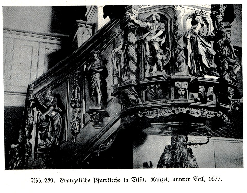 Tilsit, Evangelische Pfarrkirche, Kanzel, unterer Teil, 1677, Bildhauer Joh. Pfeffer (zugeschrieben)