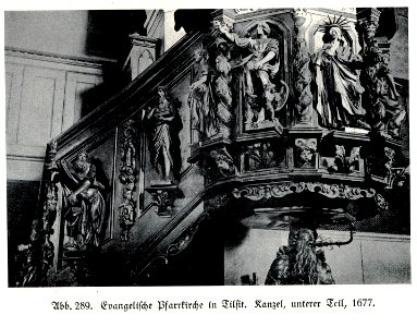 Tilsit, Evangelische Pfarrkirche, Kanzel, unterer Teil, 1677, Bildhauer Joh. Pfeffer (zugeschrieben)