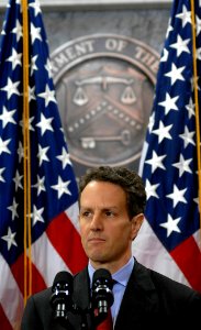 Timothy Geithner speaking at the United States Treasury
