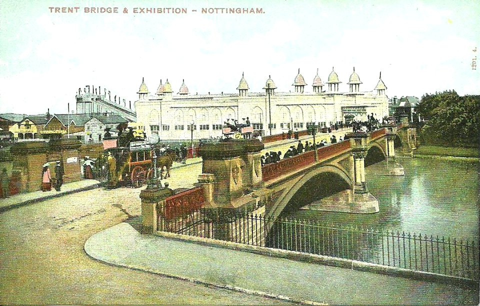 Tinted postcard of Trent Bridge and Exhibition