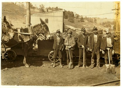 Tipple Boy and Drivers. Maryland Coal Co. Mine, near Sand Lick, Grafton, W. Va. Boy with mule was afraid at first to be in the picture- another boy said he feared we might make him go to LOC cph.3b02436