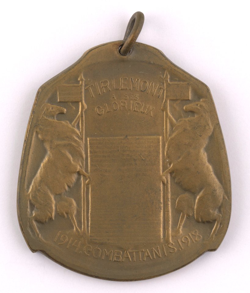 Tirlemont à ses Glorieux Combattants - Thienen aan zyne Glorieryke Stryders 1914-1918, medal by Jacques Marin (1877-1950), Belgium, 1919, Coins and Medals Department of the Royal Library of Belgium, 2Lef88-42 (recto)