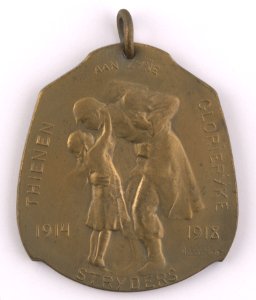 Tirlemont à ses Glorieux Combattants - Thienen aan zyne Glorieryke Stryders 1914-1918, medal by Jacques Marin (1877-1950), Belgium, 1919, Coins and Medals Department of the Royal Library of Belgium, 2Lef88-42 (verso)