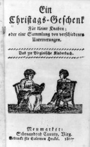 Title p. of a Christmas book for little boys, a collection of conversations; the 3rd Virginia children's book; illus. with boy and woman seated and evidently conversing LCCN2005676050