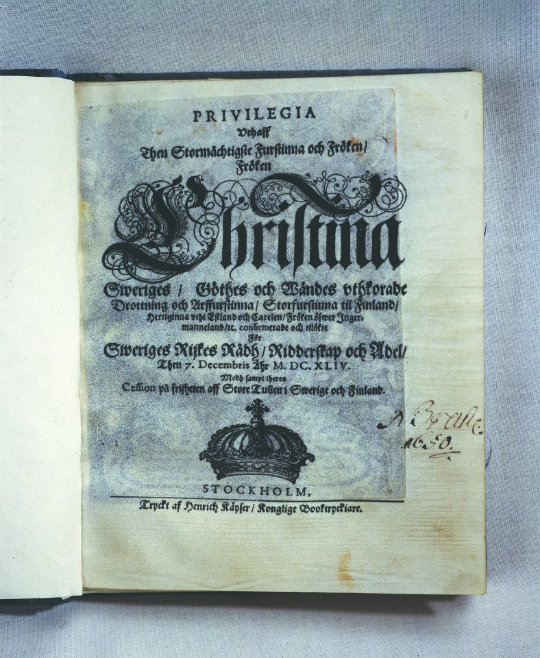 Titelblad Ridderskap och Adel om Privilegia utaff then Stormächtigste Furstinna fröken Christina - Skoklosters slott - 82282
