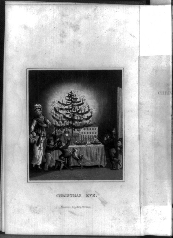 Title page and frontis. of The Stranger's Gift, Boston, 1836 (Hermann Bokum, ed.)- frontis, showing children around tree lighted with candles on table full of toys; titled Christmas Eve LCCN2005693210