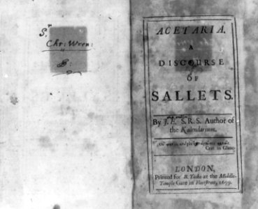 Title page and page opposite inscribed by John Evelyn to Sir Christopher Wren, of John Evelyn's Acetaria, a Discourse of Sallets. 1699 LCCN2003674996 photo