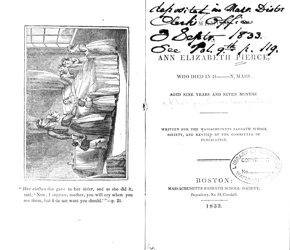 Title page from Memoir of Ann Elizabeth Pierce and frontispiece engraving of a dying girl lying in bed surrounded by her family LCCN2002716753