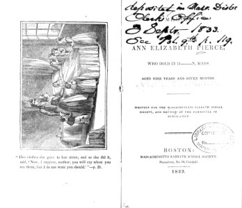 Title page from Memoir of Ann Elizabeth Pierce and frontispiece engraving of a dying girl lying in bed surrounded by her family LCCN2002716753
