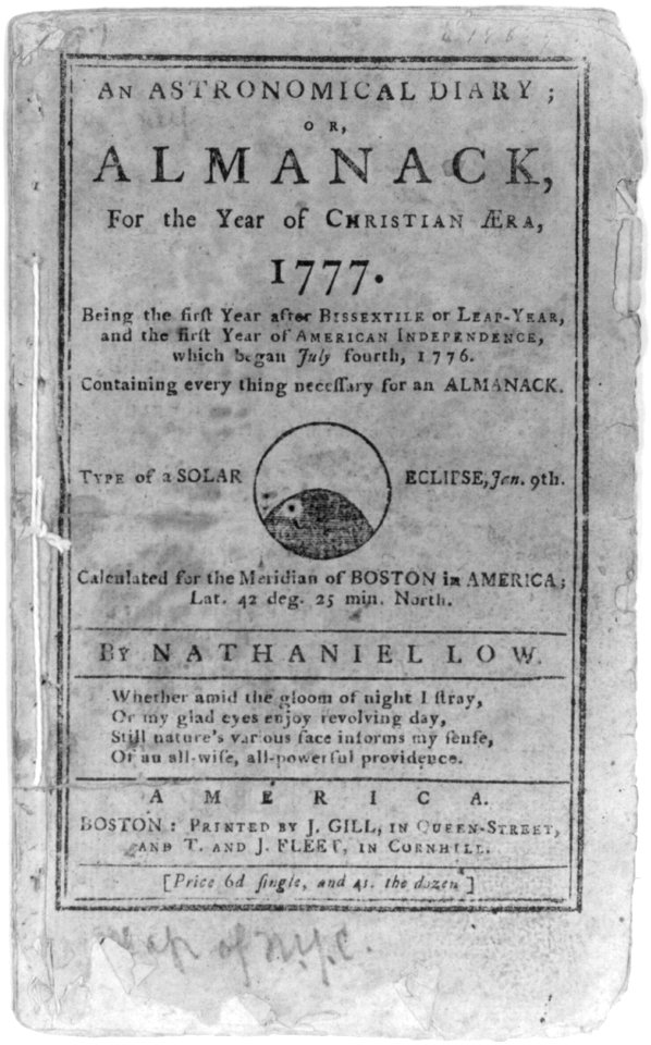 Title page of An Astronomical Diary, or Almanack,...for 1777...by Nathaniel Law; illus. with solar eclipse of Jan. 9th LCCN2003655593