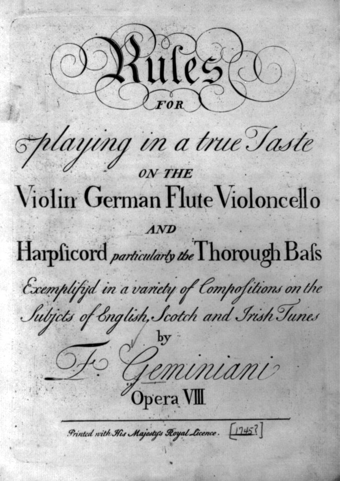 Title page - no illus. - of Rules for playing in a true taste on the Violin, German Flute Violoncello and Harpsicord, particularly the Thorough Bass, exemplified in a variety of compositions LCCN2003689022