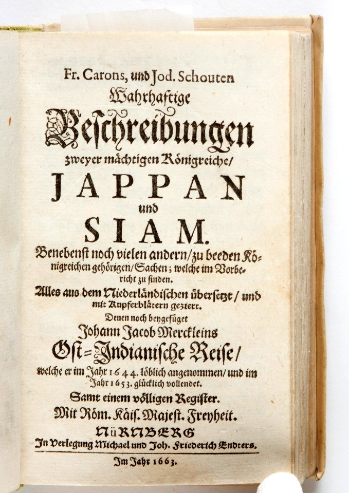 Titelblad till boken Sanningsenlig beskrivning av två mäktiga kungariken Japan och Siam (Thailand) från 1663 - Skoklosters slott - 93290