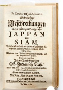 Titelblad till boken Sanningsenlig beskrivning av två mäktiga kungariken Japan och Siam (Thailand) från 1663 - Skoklosters slott - 93290 photo