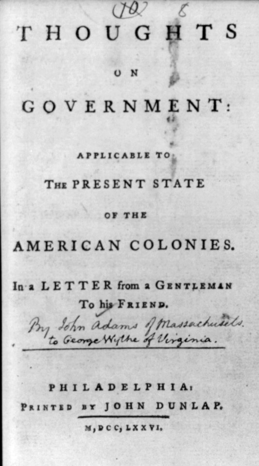Title page of Thoughts on Government by John Adams, 1776 LCCN2003678097